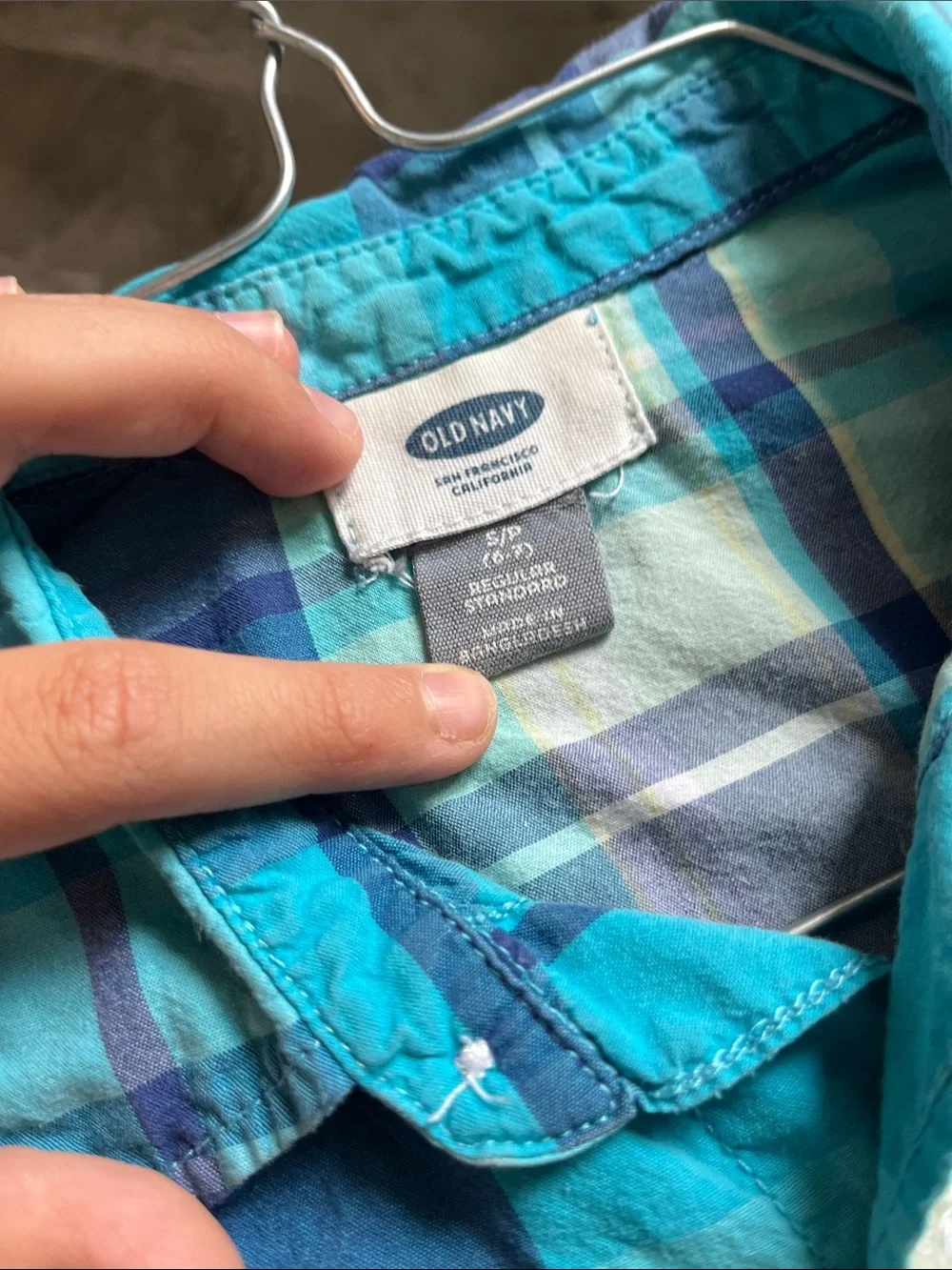 Old Navy Teal and Navy Plaid Short-Sleeve Button-Down Shirt